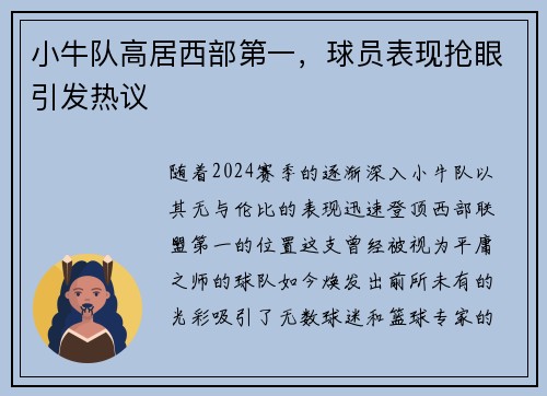 小牛队高居西部第一，球员表现抢眼引发热议