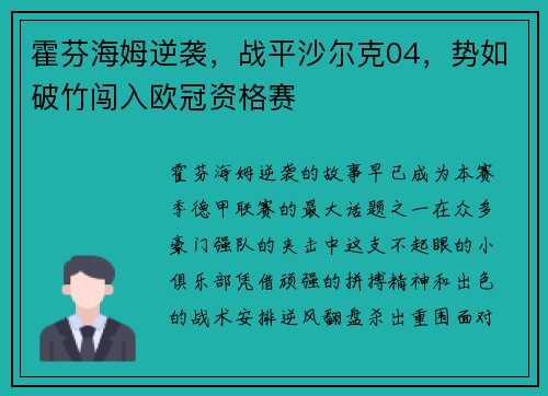 霍芬海姆逆袭，战平沙尔克04，势如破竹闯入欧冠资格赛